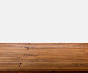 Isolated beautiful brown plank wooden table or desk on white background, little shiny surface, perspective view, empty space for product presentation.