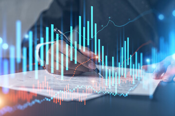Woman signs agreement. Forex financil market chart and graph hologram. Double exposure . Brokerage concept.