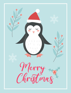 Merry christmas cute card with penguin in santa hat. Winter holidays new year template for your design. Vector illustration