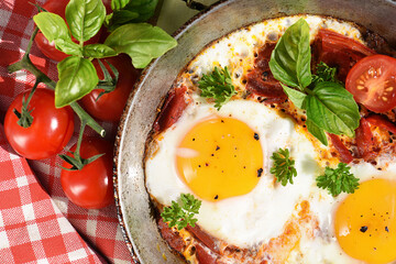 Breakfast scrambled eggs with tomatoes and herbs in nature