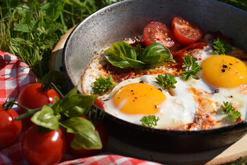 Breakfast scrambled eggs with tomatoes and herbs in nature