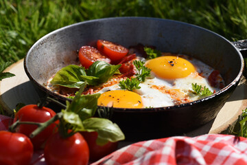 Breakfast scrambled eggs with tomatoes and herbs in nature