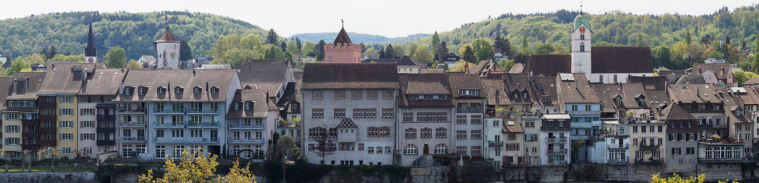 Rheinfelden (Aargau) in Switzerland - View of the historic city from the bank of Rhine in front Market street (Marktgasse) and Rathausturm 