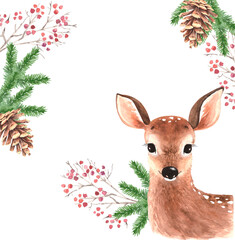 frame with christmas deer cones and fir branches on white background, illustration watercolor © Lana