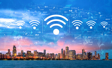 Wifi theme with downtown Chicago cityscape skyline with Lake Michigan