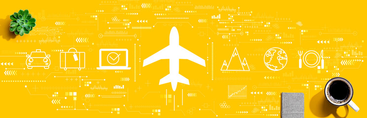 Flight ticket booking concept with a cup of coffee and a notebook