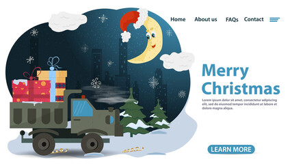banner for Christmas and new year design of web pages mobile applications truck in the back carries gifts flat vector illustration