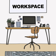 Workplace with computer. Minimalistic style. Work at home & Work remotely from home. The office of a creative worker. Vector illustration.