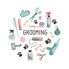 Set of  Products for grooming, pet shop. Combs, scissors, clipper, nippers, sprays, bones, care products. Objects isolated on white background, cartoon style. Vector illustration.