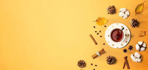 Autumn theme with cinnamon tea - flat lay