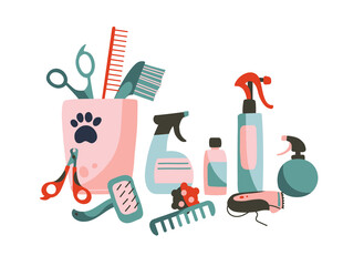 Combs, scissors, clipper, nippers, sprays, care products. Set of  Products for grooming, pet shop. Objects isolated on white background, cartoon style. Vector illustration.