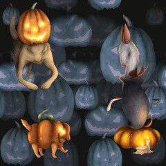 halloween dog pattern. Dogs in suits on the background of blue scary pumpkins. seamless pattern. - 381124957