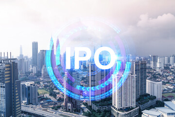 IPO icon hologram over panorama city view of Kuala Lumpur. KL is the hub of initial public offering...