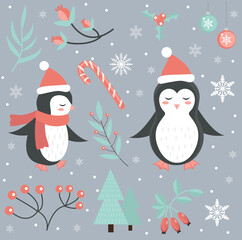 Cute penguin in the winter forest set of objects. Collection of design elements with snowflakes and a Christmas tree. Merry christmas postcard. Vector illustration.