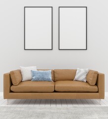 mock up poster frame in modern interior background, living room, couch, sofa. Scandinavian style, 3D render, 3D illustration