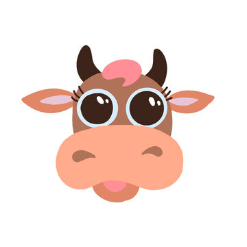Cute brown cow smiling face with big eyes flat vector icon isolated on white background. Flat cartoon design funny farm animal head illustration. Animal of 2021 year.