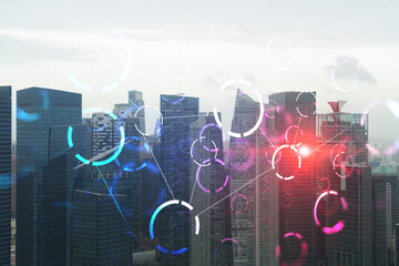 Abstract technology icons hologram over panorama city view of Singapore, Asia. The concept of people networking and connections. Double exposure.