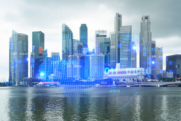 World planet Earth map hologram over panorama city view of Singapore, Asia. The concept of international connections and business. Multi Exposure.