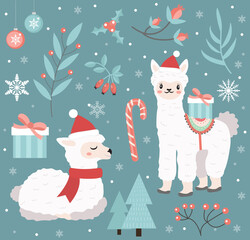 Cute llama in the winter forest set of objects. Collection of design elements with a little alpaca in a hat of Santa Claus, snowflakes and a Christmas tree. Merry christmas postcard. Vector illus © Lucia Fox