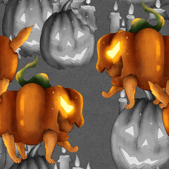 A dog in a pumpkin with glowing eyes. Scary Halloween nightmare. seamless pattern. Jack-o'-lantern - 381126506