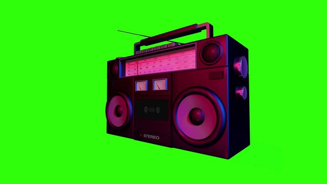 Realistic mock up of radio vibrating speaker and playing the cassette animation, side view shot, isolated on green screen background.