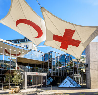 Geneva, Switzerland - September 3, 2020: Entrance of the International Red Cross and Red Crescent Museum which presents the history and principles of humanitarian action.