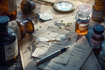 Old medical medicines in bottles, medical prescriptions, glasses and a pen on the table in the...