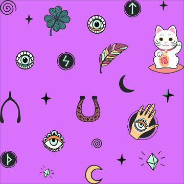 Vector pattern with lucky charms icons symbols isolated on violet pink background.Good luck.Talismans.Clover,runes, spiral curls,hand with all-seeing eye,feathers,stars,moon,cat,crystals.Paper design.