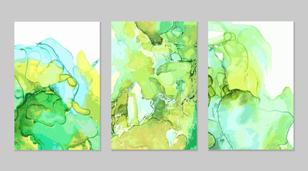 Luxury green and blue marble abstract flyers set. Alcohol ink technique backgrounds. Vector stone textures. Creative paint in natural colors. Template for banner, poster design. Fluid art