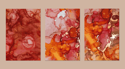 Flyers with red and gold marble abstract background. Alcohol ink technique vector stone textures. Luxury paint with glitter. Template for banner, poster design. Fluid art painting