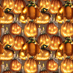 Scary pumpkin faces seamless pattern. A bright yellow Halloween nightmare. - 381129982
