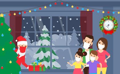 merry christmas happy family and santa claus in face masks during coronavirus pandemic social distancing
