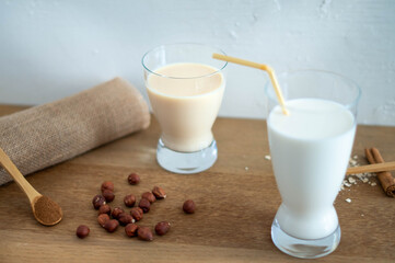 Different types of vegetal milk based. Plant based milk.