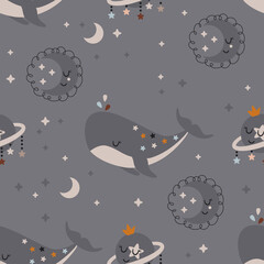 seamless pattern with whale and moon - vector illustration, eps