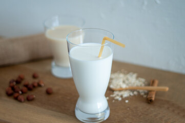 Different types of vegetal milk based. Plant based milk.