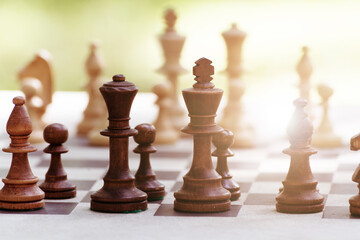 Chess Pieces standing on the Chessboard before the tournament.