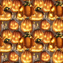 Scary pumpkin faces seamless pattern. A bright yellow Halloween nightmare. - 381130969