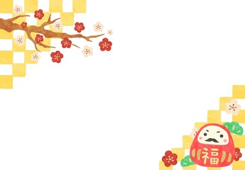かわいいダルマと梅の花の年賀イラスト