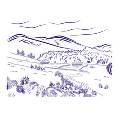Hand drawn landscape with road to house and pine forest. Sketch line
