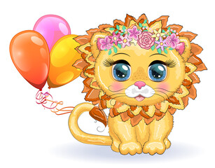 Cute cartoon lion with big eyes in a children's bright style.