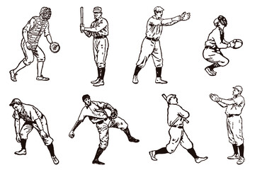Group of historical baseball players in row, after old illustrations from 19th century © M