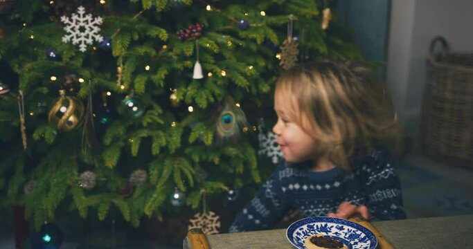 A little preschooler is eating a mince pie by the christmas tree at home