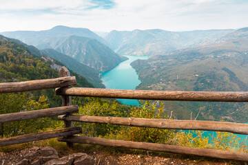 Fototapeta na wymiar Tara National Park, Serbia. Viewpoint Banjska Stena. View at Drina river canyon and lake Perucac with Focus on the lake and canyon