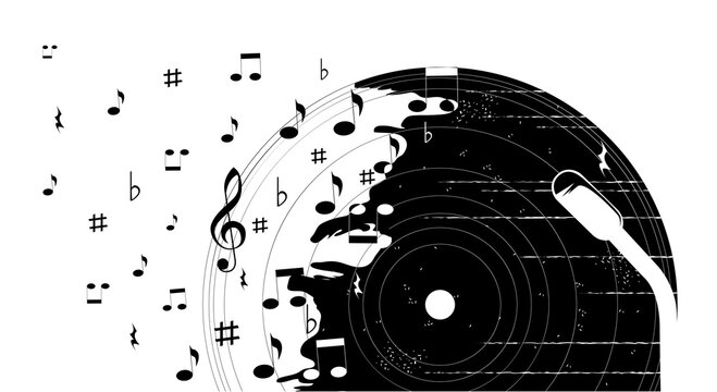 Poster with vinyl record, sheet music and musical notation. Vector isolated illustration on white background.