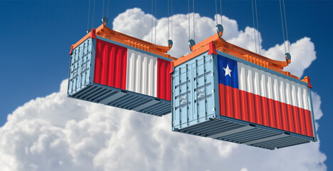 Freight containers with Chile and Peru national flag. 3D Rendering