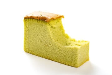angle view matcha flavor cake with a bite on a white background