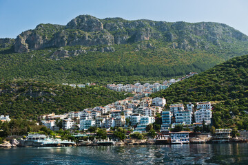 Panorama of a city with mountain landscape in background, city od Kas, Lycia, Turkey