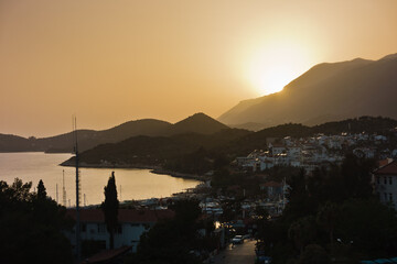 Panorama of a bay of Kas at sunset, city of Kas, Turkey