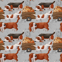 Dog friends are harvesting. Basset Hounds are driving a cart of pumpkins. Delicate seamless pattern. - 381133997