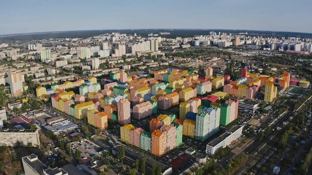 Aerial drone view of colorful residential area in big modern city